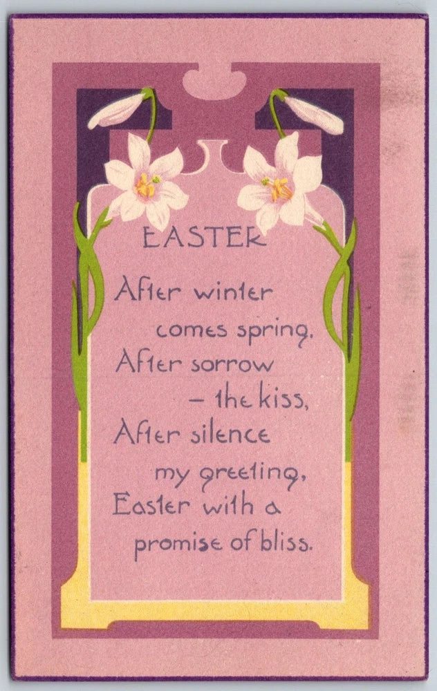 Easter postcard with Art Nouveau lilies and purple floral border, with poem text.