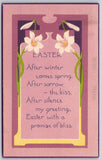 Easter postcard with Art Nouveau lilies and purple floral border, with poem text.