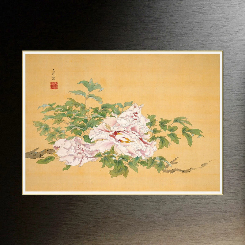 Framed peony flower art poster with pink blossoms and green leaves on beige background