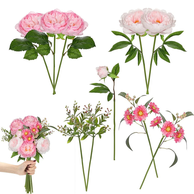 10 PCS Peonies Artificial Flowers Mixed Pink Faux Silk Vase Prop 18.8 Inch Hydrangea