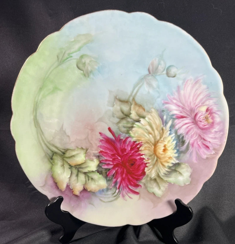 L Dales Art China Hand Painted 12.5" Charger w/ Floral Red Carnation Gold Gilt Carnation