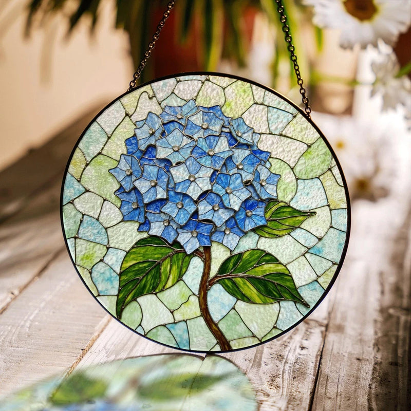 Blue hydrangea flower stained glass floral window hanging gift for ga Hydrangea