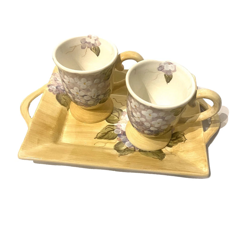 hydrangea purple floral coffee mug set with serving tray Hydrangea