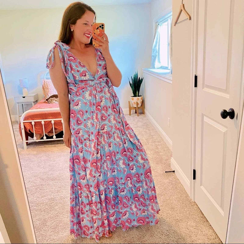 NWT Banjanan Carnation Floral Full Bloom Blue Pink Maxi Dress XS Carnation