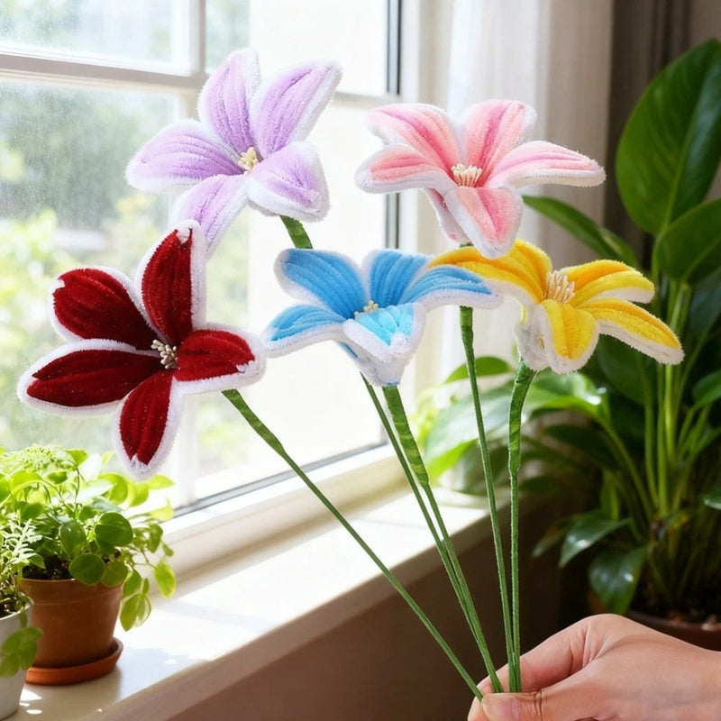 Artificial lily stems with multi-color faux flowers, five blooms on green stems