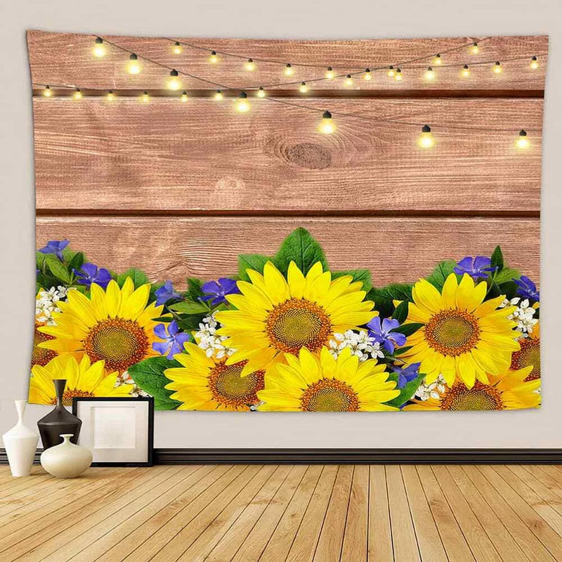 Sunflower wall tapestry cloth with 3D yellow flowers and blue petals, rectangular