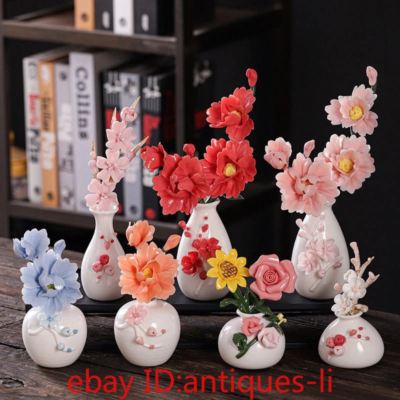 Porcelain peony flower ceramic ornaments set of small bud vases, red pink cream blooms