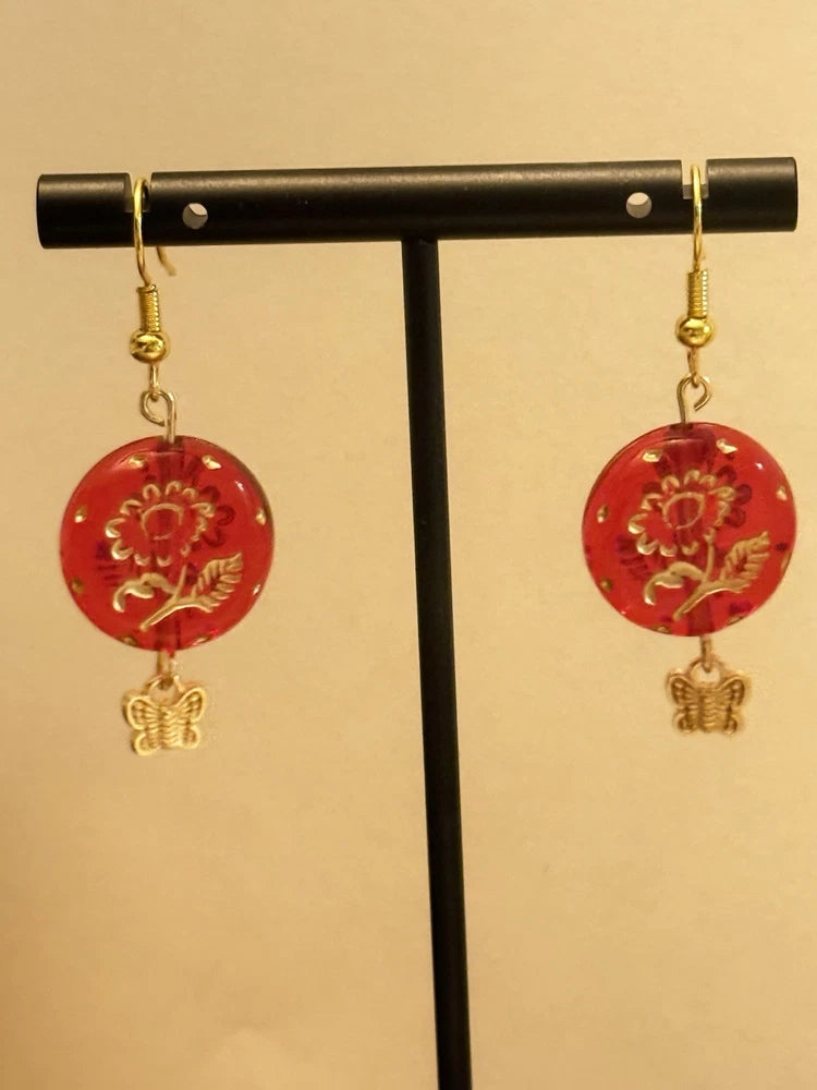 Handcrafted Red Resin Flower Butterfly Dangle Earrings Gold-tone for Women Sunflower