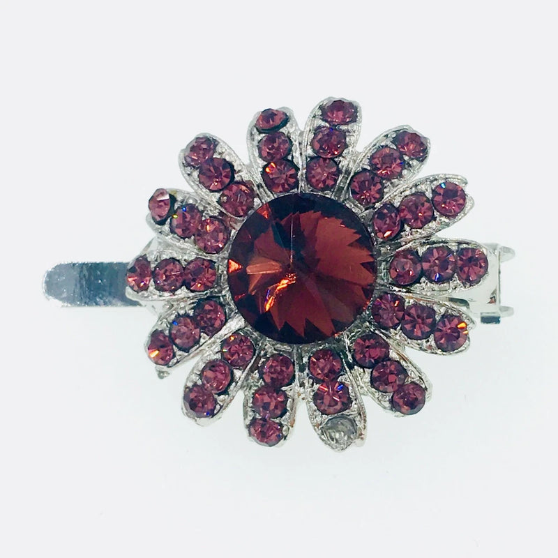 Purple rhinestone flower barrette with crystal center magnet hair clip
