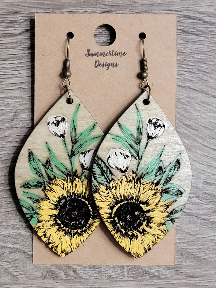 Hand Painted Laser Cut Wood Earrings Etched Sunflower 2.5" Sunflower