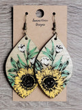 Hand Painted Laser Cut Wood Earrings Etched Sunflower 2.5" Sunflower