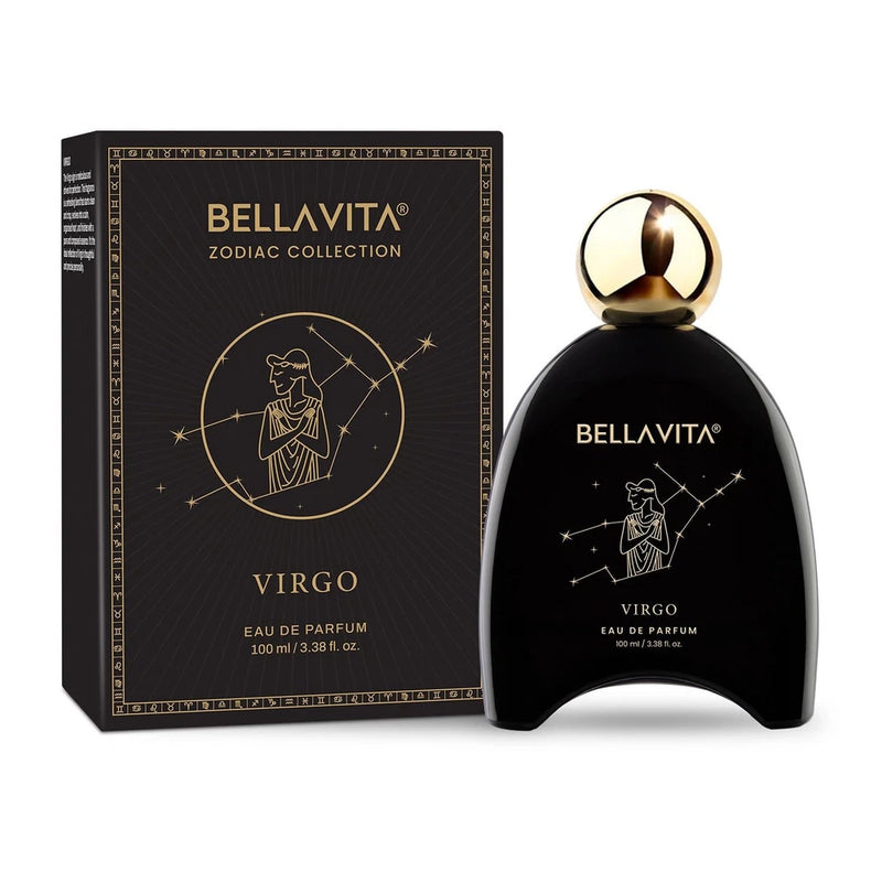 Black Virgo eau de parfum bottle with gold cap and matching zodiac collection box