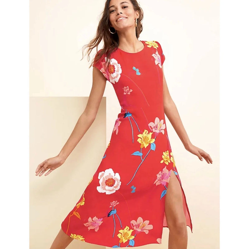 LOFT Midi Dress Womens Size 0P Poppy Red Lily Floral Cap Sleeve Side Slit Spring Lily