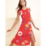 LOFT Midi Dress Womens Size 0P Poppy Red Lily Floral Cap Sleeve Side Slit Spring Lily