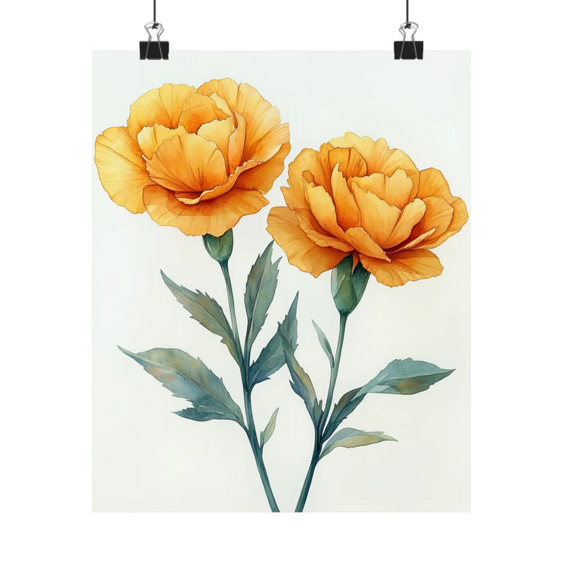Floral art print poster with two orange-yellow carnations and green leaves