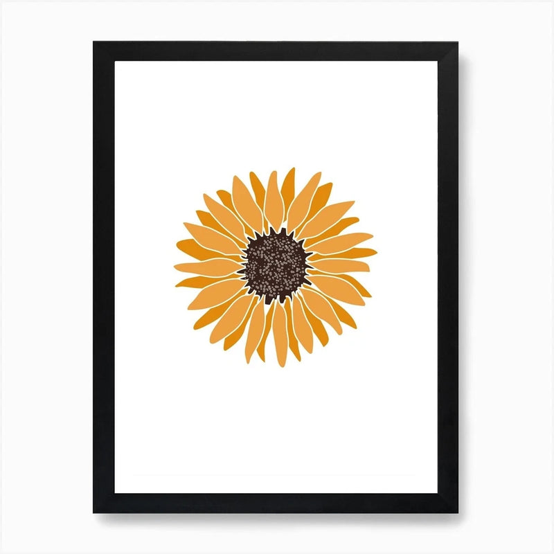 Framed orange sunflower wall art canvas print with bold flower centered