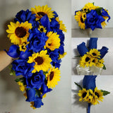 Royal Blue Rose Cala Lily Sunflower Bridal Wedding Bouquet Accessories Bouquet