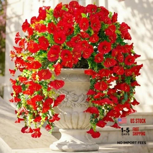 2 PCS Artificial Hanging Flowers Fake Plants Outdoor,Silk Morning Glory Red Flowering Plants