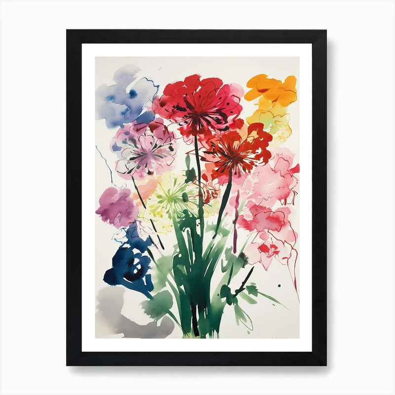 Framed wall art featuring a colorful watercolor carnation bouquet illustration