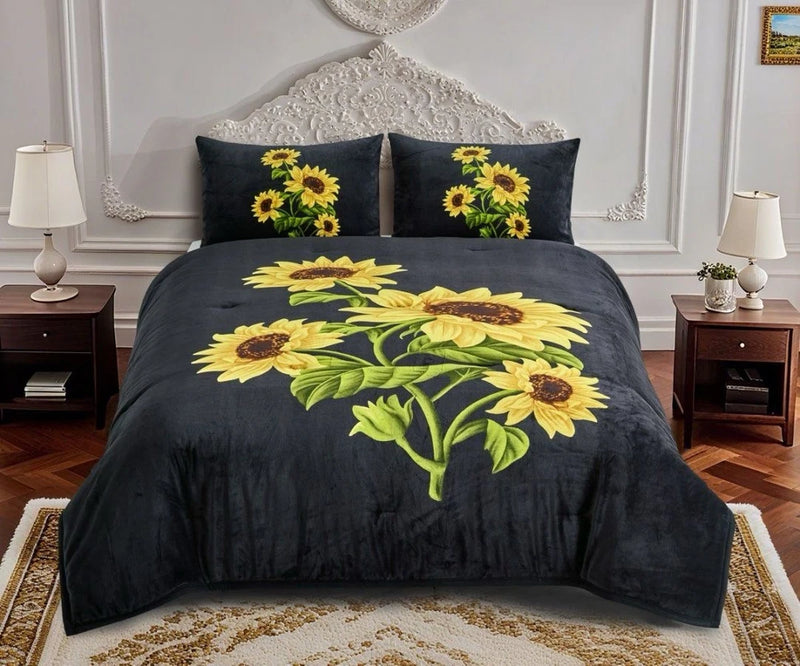 Sunflower bedding set with dark bedspread and two matching pillow covers, large floral print