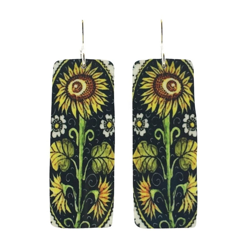 Rectangle dangle earrings with yellow sunflower floral print and gold-tone hooks
