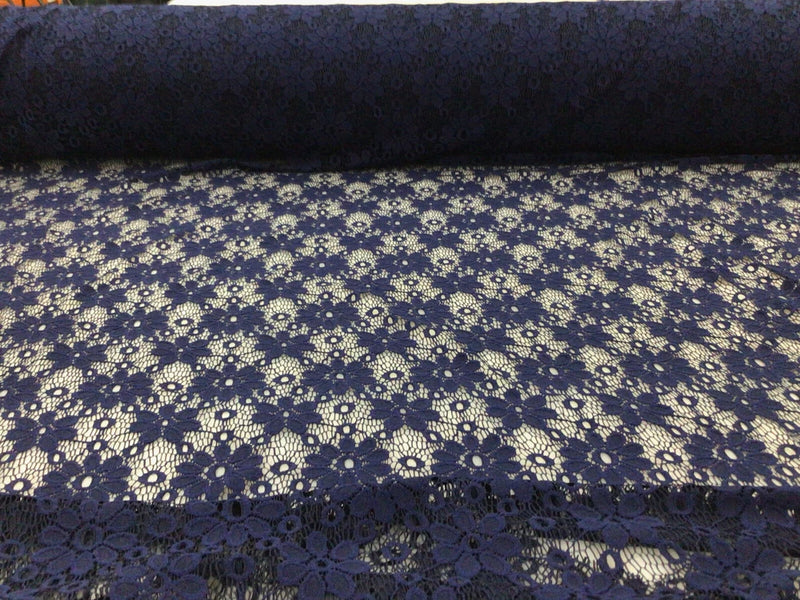 Embroidered Stretch Lace Apparel Fabric Sheer Floral Dark Navy Blue Floral XX511 Flowering Plants