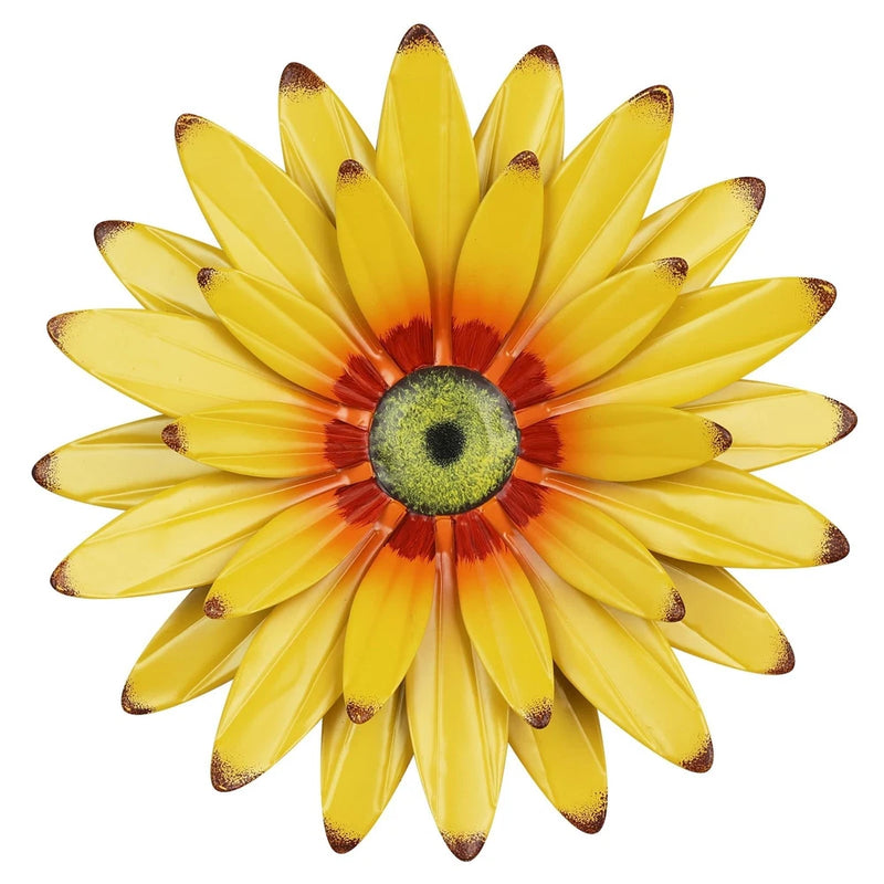 Metal sunflower wall decor with yellow petals and green center, 11 in