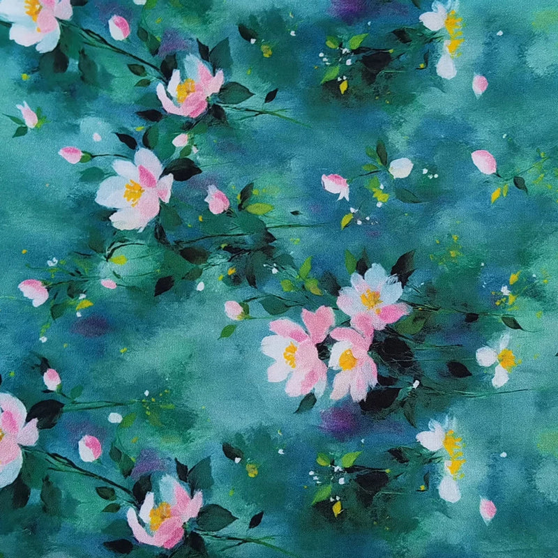 Soft Viscose Fabric 55'' Wide By Yard Green Painting Dress Material Rayon Cotton Flowering Plants