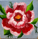 Oil painting 5x5". Peony flower.Leaves.Stylish modern mini art.Flower still life Peony