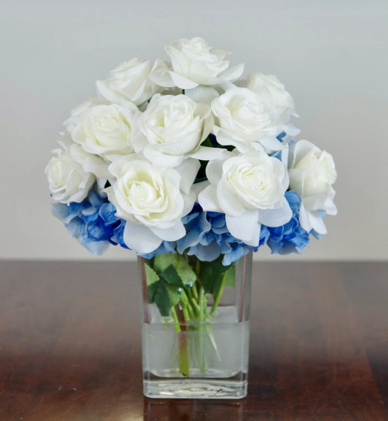 Silk Real Touch White Roses and  Blue Hydrangeas in a Tall  Cube Glass Vase Hydrangea