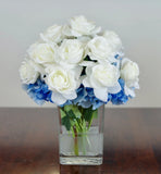 Silk Real Touch White Roses and  Blue Hydrangeas in a Tall  Cube Glass Vase Hydrangea