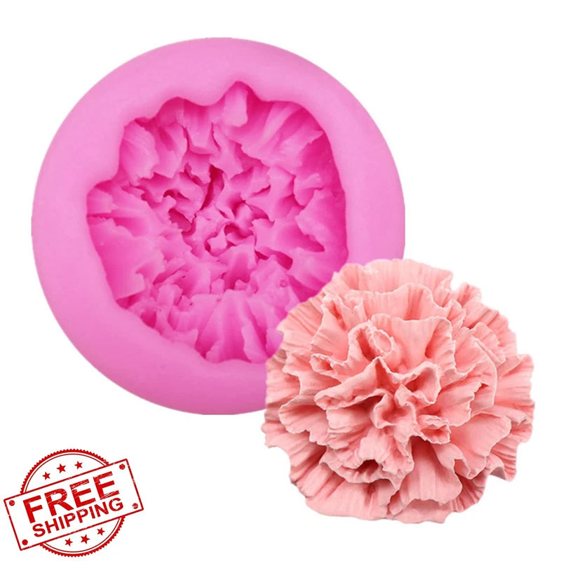 Pink carnation silicone mold with raised flower cavity for fondant and baking
