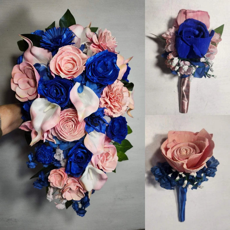Pastel Pink Peach Royal Blue Rose Calla Lily Sola Bridal Wedding Bouquet Accesso Bouquet