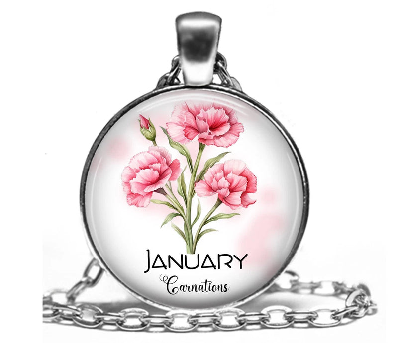 January Birth Month Flower Birthday Gift Pendant Necklace 24" Carnation Blooms Carnation
