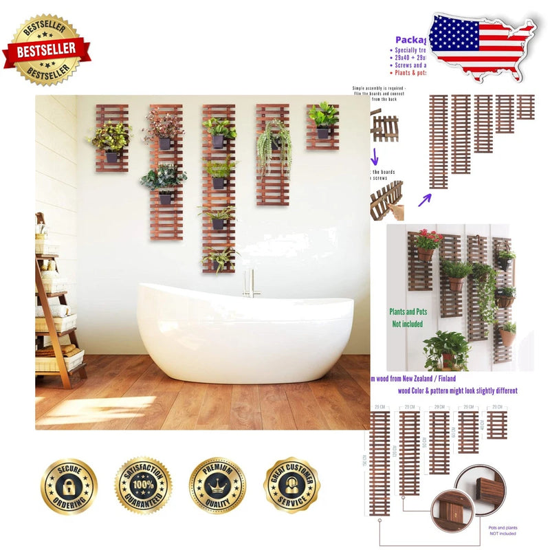 Unique 5pc Large Wood Wall Planters - Indoor Vertical Garden Decor 5 Sizes Garden Plants