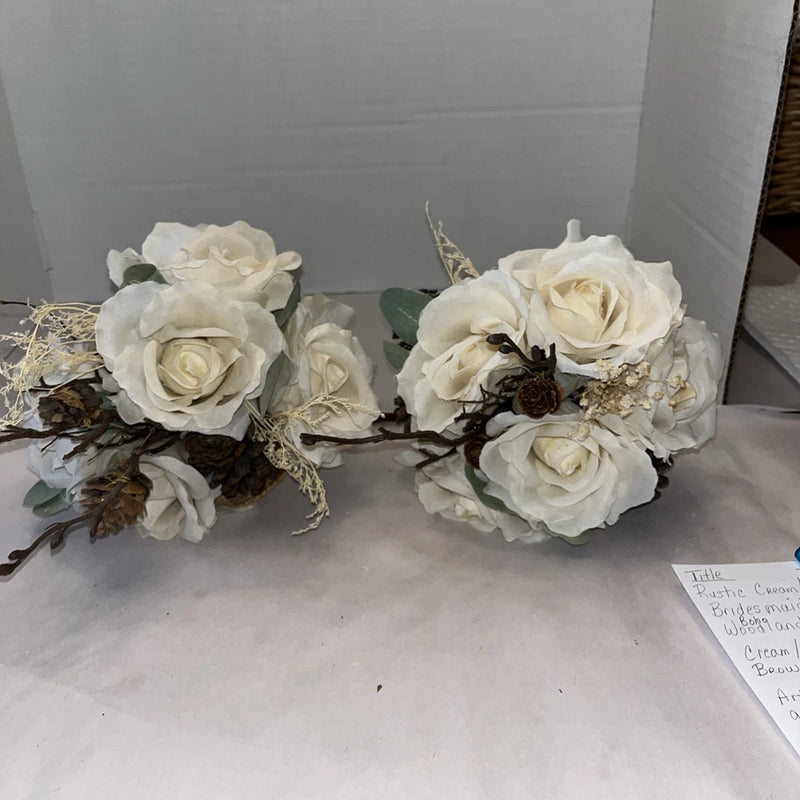 Rustic Cream/ivory Rose Wedding Boutique Set Natural Brown Accents Artificial Bouquet