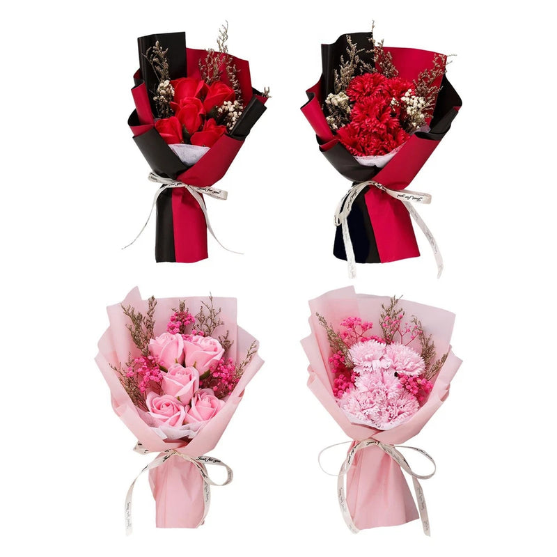 Artificial rose and carnation flower bouquet with red and pink blooms, wrapped with ribbons