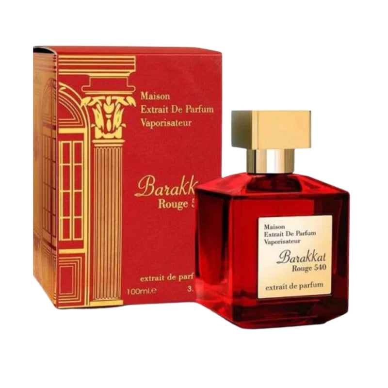 Red perfume bottle with gold cap and matching fragrance box, 3.4 oz EDP spray
