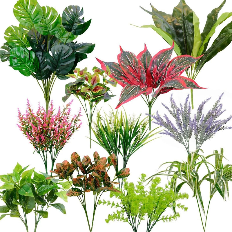 Artificial flower and plant set with green leaves, red and purple faux blooms, 18pcs