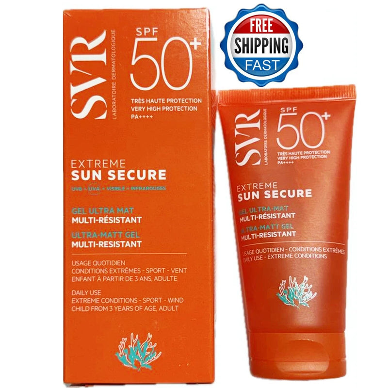 SVR Extreme Sun Secure SPF50+ ultra-matt gel sunscreen, orange box and tube, 50 ml