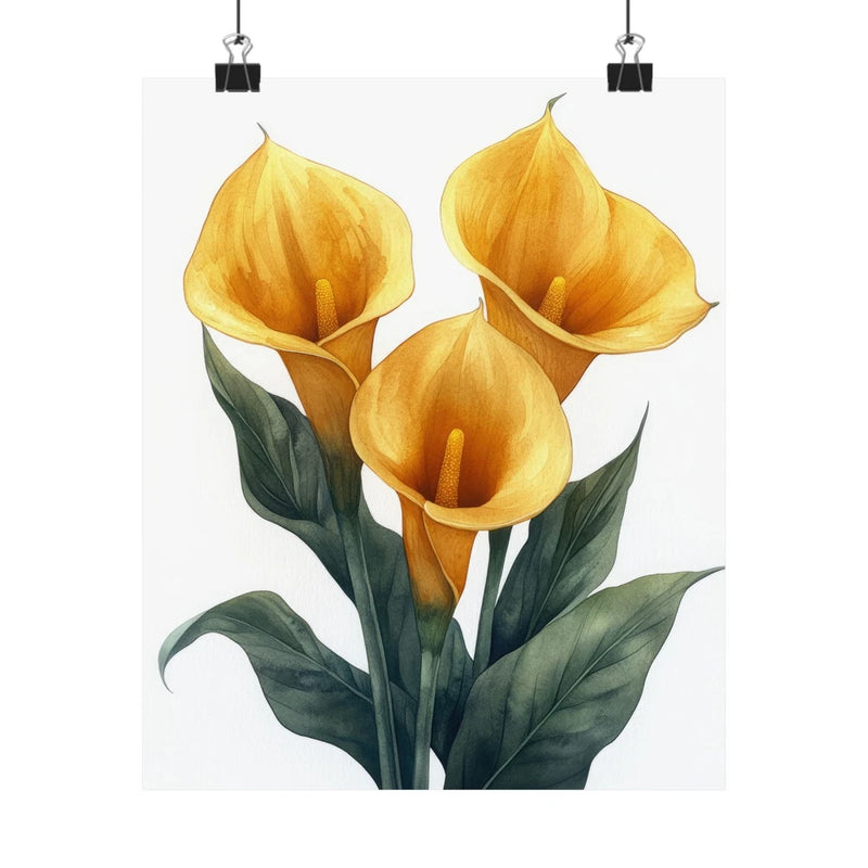 Yellow calla lilies floral art print poster with three blossoms and green leaves