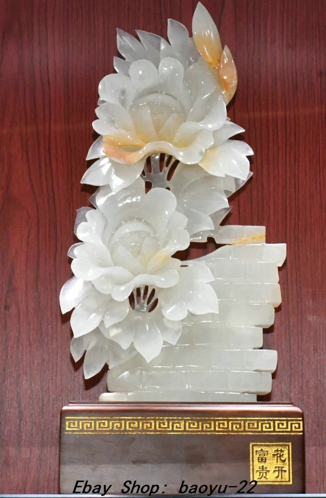 Carved white peony flower wall statue with yellow accents and rectangular base