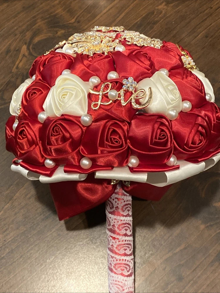 Wedding Bouquet Red/White Roses Bling Decor Marriage Bride Maid Matron (A) Bouquet