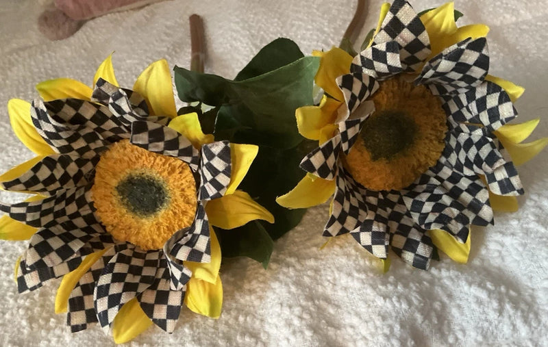 2 Mackenzie-Childs Sunflower Stems, I8 In, Courtly Check & Yellow Floral, Sturdy Sunflower