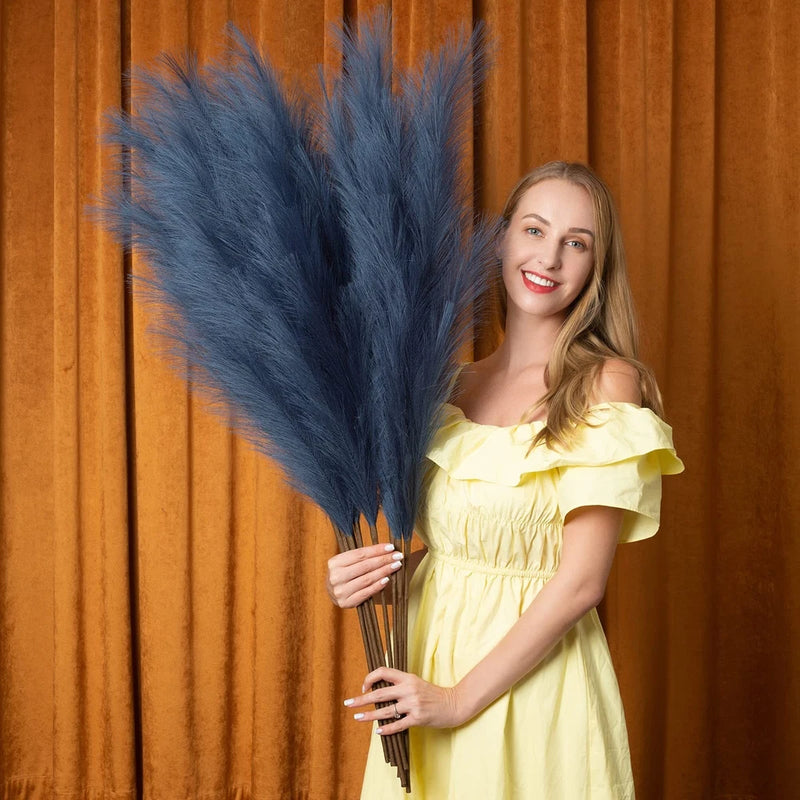 Faux Pampas Grass 6 Stems, Artificial - 43 inch Total Extra Blue Pampas Grass