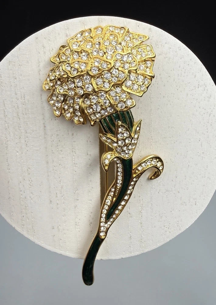 Nolan Miller Brooch Carnation Green Enamel Clear Rhinestone Gold Tone 4Ó HTF Carnation