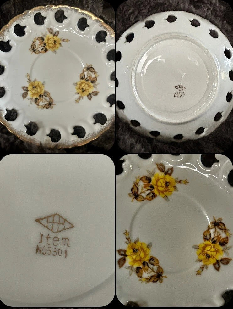 HB Teacup Saucer Cut Out Hand Painted Carnations Flowers Gold Trim Trinket Dish Carnation