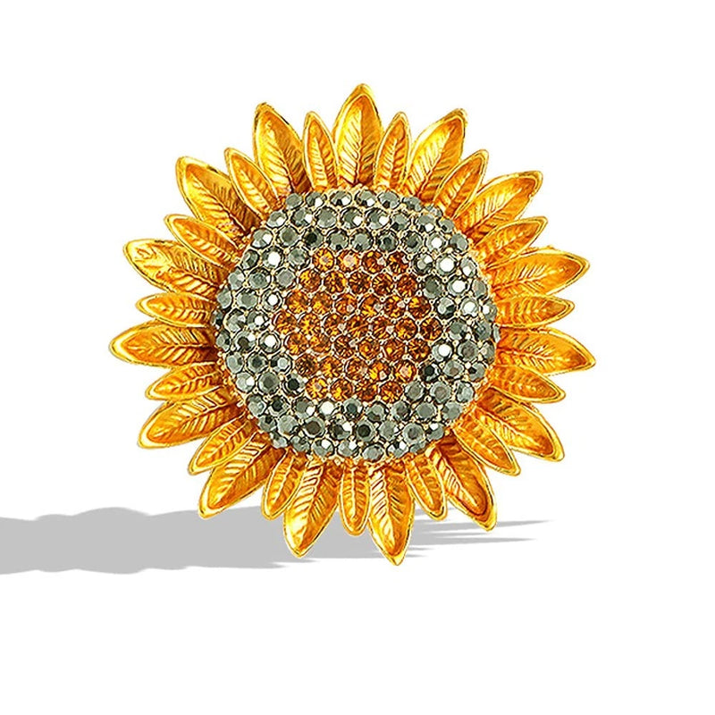 Yellow Sunflower Brooches Rhinestone Crystal Flower Leaf Delicated Brooch Pin Fo Sunflower