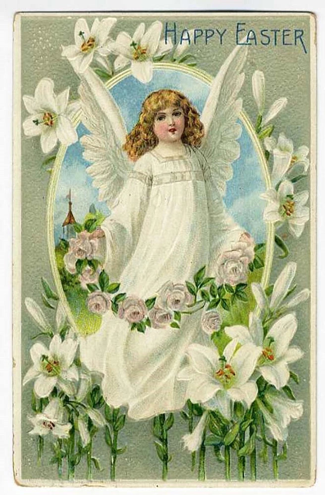 Easter BEAUTIFUL ANGEL in White 1910 LILIES Flowers Rose Wreath Lily