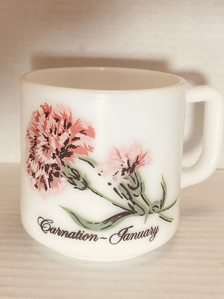 Vintage Brockway Flower of the Month Coffee Mug Milk Glass ÒJANUARY CARNATIONÓ Carnation